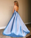 Halter V-neck Backless Satin Prom Dresses with Pockets FD2850-prom dresses-Viniodress-Viniodress