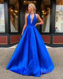 Halter V-neck Backless Satin Prom Dresses with Pockets FD2850-prom dresses-Viniodress-Royal Blue-Custom Size-Viniodress