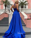 Halter V Neck Blue Satin Prom Dresses with Slit FD1819-prom dresses-Viniodress-Viniodress