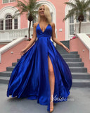 Halter V Neck Blue Satin Prom Dresses with Slit FD1819