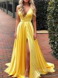 Halter V Neck Blue Satin Prom Dresses with Slit FD1819-prom dresses-Viniodress-Yellow-Custom Size-Viniodress