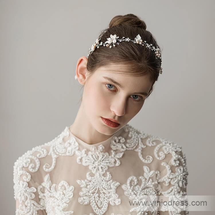 Hand-wired Crystal Petals Bridal Headband with Tieback and Pearl ACC1113-Headpieces-Viniodress-Viniodress