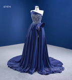 Haute couture Blue Satin Prom Dresses with Slit viniodress-prom dresses-Viniodress-Viniodress