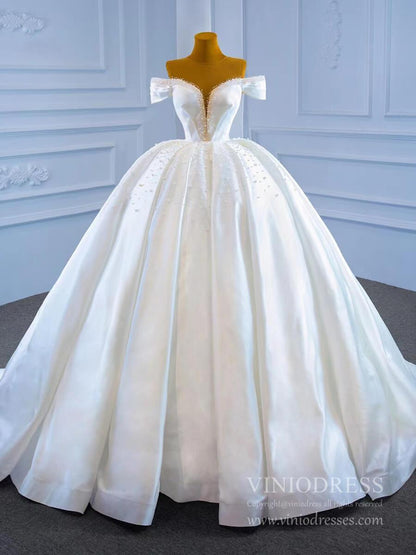 Haute Couture Pearl Satin Ball Gown Wedding Dresses 67240 viniodress-wedding dresses 2025 -Viniodress-Ivory-Custom Size-
