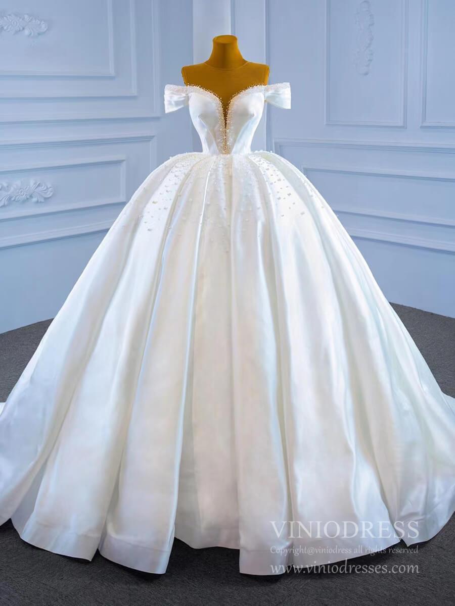 Haute Couture Pearl Satin Ball Gown Wedding Dresses 67240 viniodress-wedding dresses-Viniodress-Viniodress