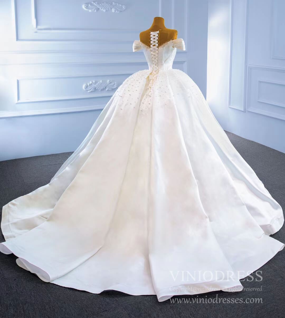 Haute Couture Pearl Satin Ball Gown Wedding Dresses 67240 viniodress-wedding dresses-Viniodress-Viniodress