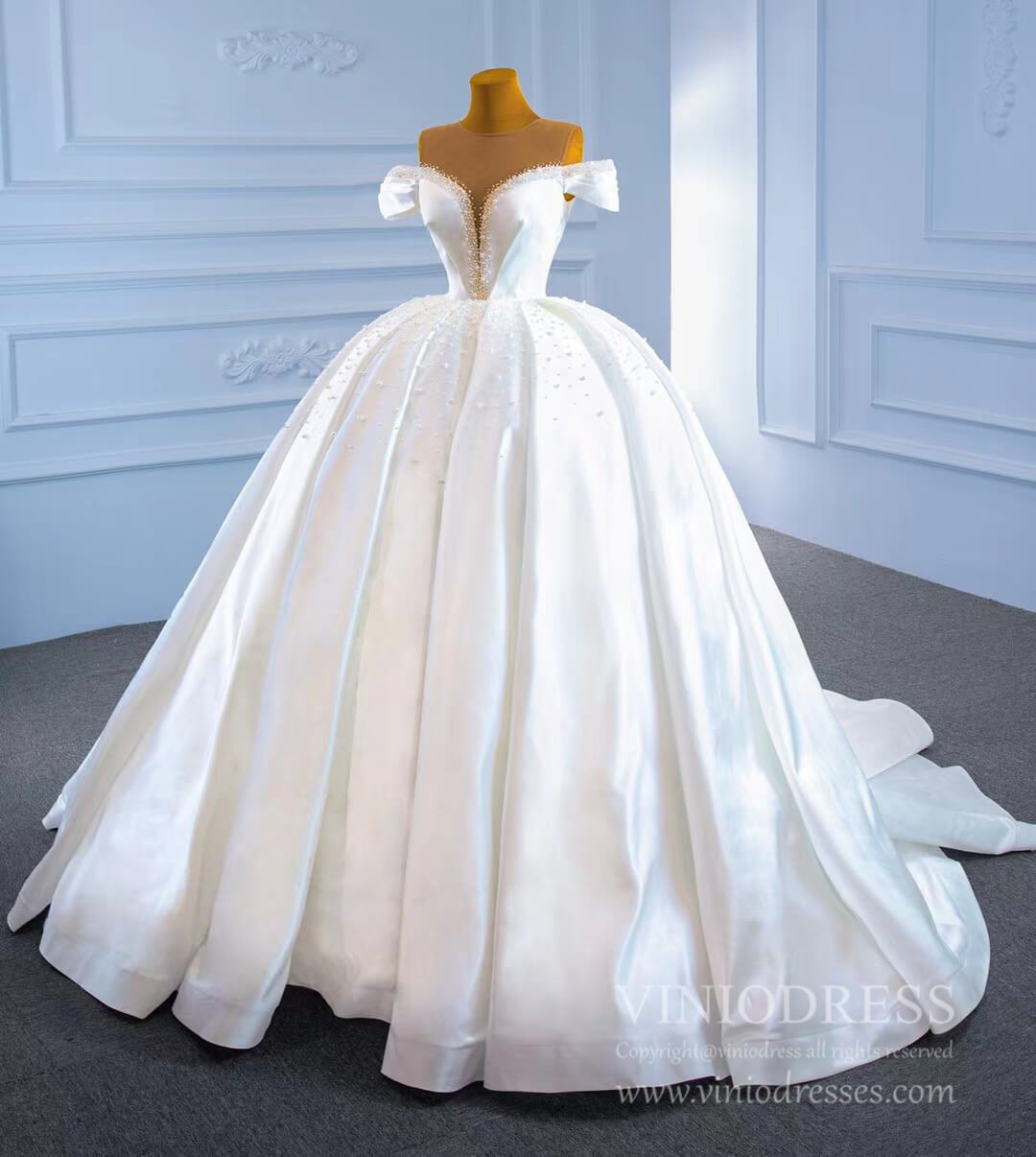 Haute Couture Pearl Satin Ball Gown Wedding Dresses 67240 viniodress-wedding dresses-Viniodress-Viniodress