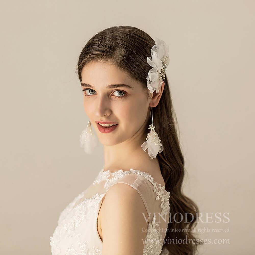 Headpiece Set Organza Flower Bridal Comb and Earrings AC1209-Headpieces-Viniodress-Viniodress