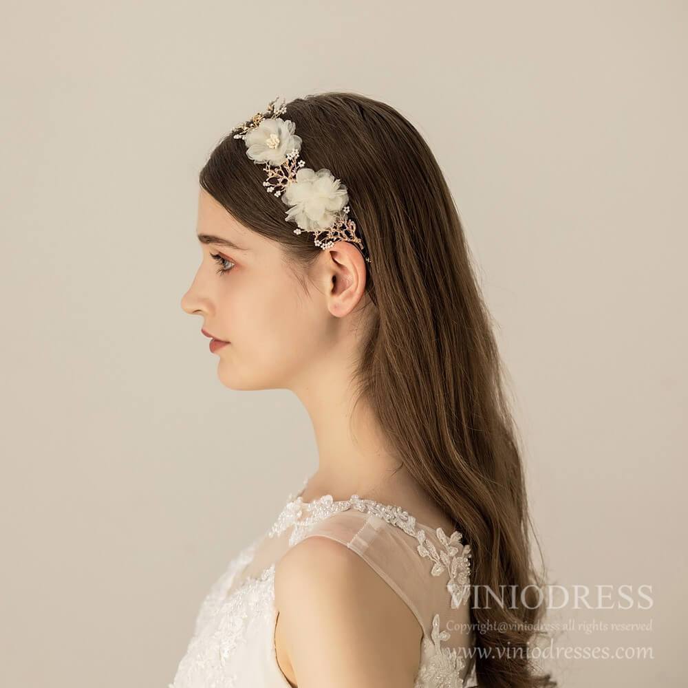 Ivory 3D Floral Wedding Headband AC1222-Headpieces-Viniodress-Gold-Viniodress