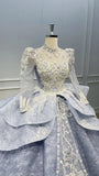 High Neck Long Sleeve Dubai Wedding Dress Dusty Blue Ball Gowns 510093-Quinceanera Dresses-Viniodress-Viniodress