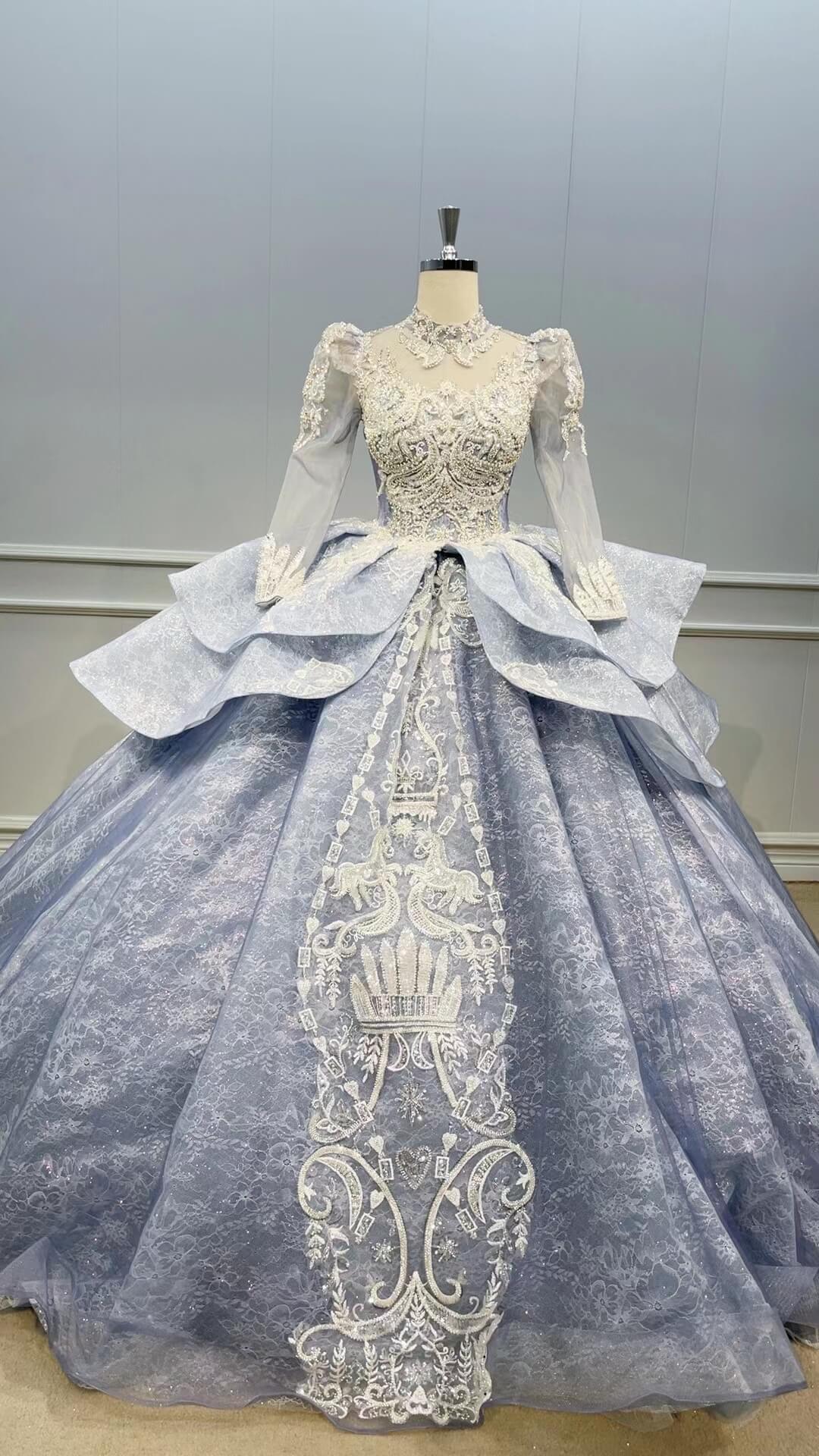 High Neck Long Sleeve Dubai Wedding Dress Dusty Blue Ball Gowns 510093-Quinceanera Dresses-Viniodress-Dusty Blue-US 2-Viniodress