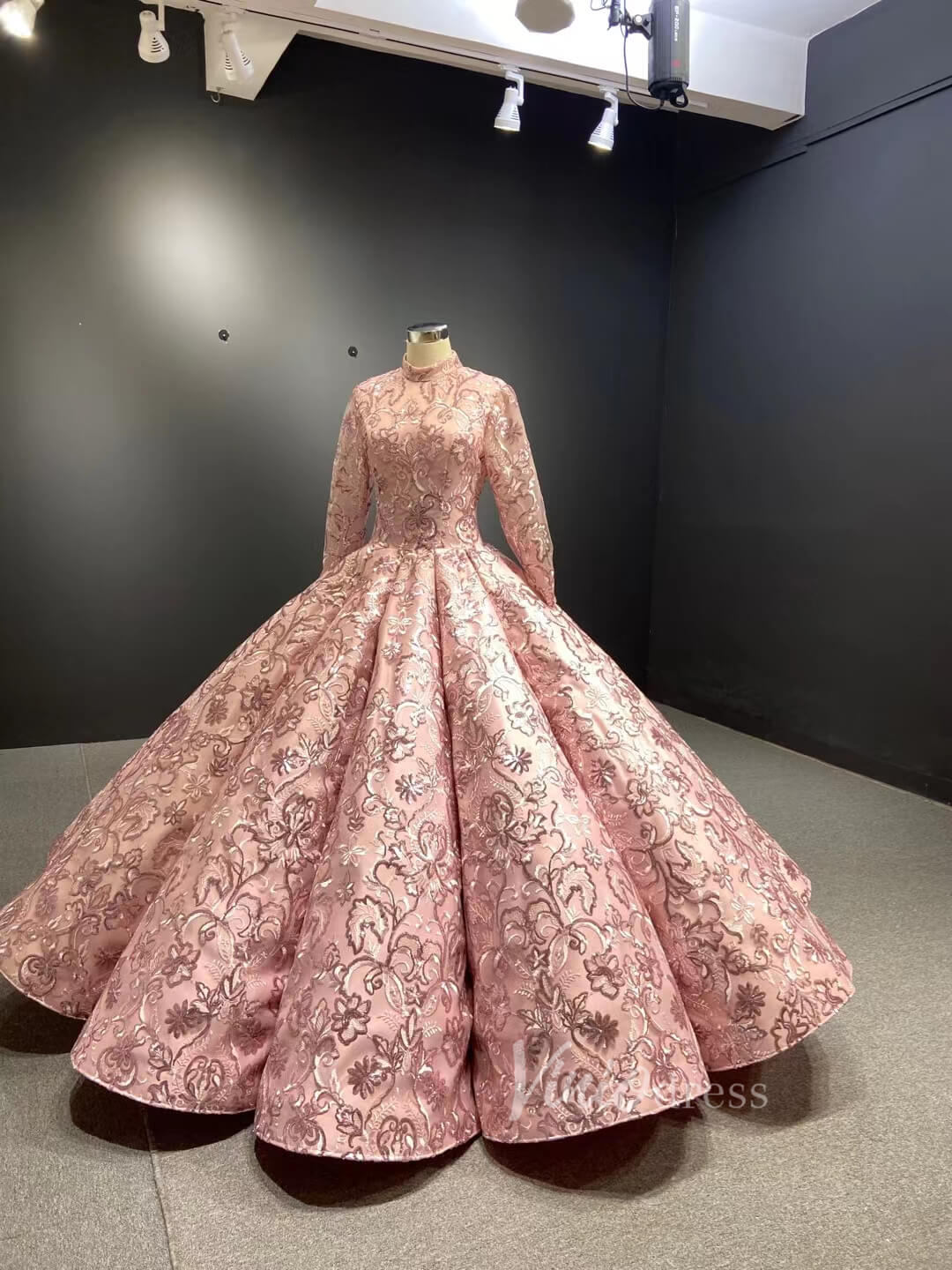 High Neck Long Sleeve Wedding Ball Gown 66590 Dusty Rose viniodress-Quinceanera Dresses 2025 -Viniodress-Dusty Rose-Custom Size-