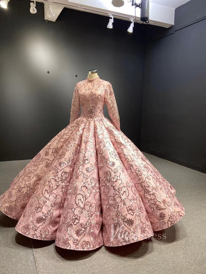 High Neck Long Sleeve Wedding Ball Gown 66590 Dusty Rose viniodress-Quinceanera Dresses 2025 -Viniodress-Dusty Rose-Custom Size-