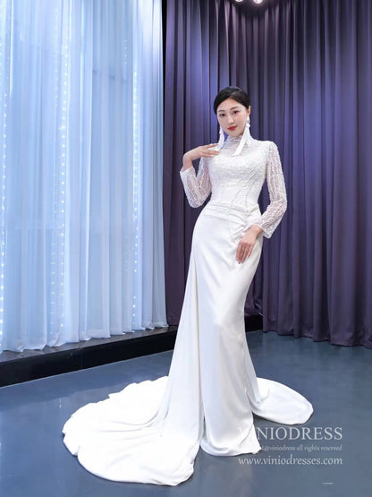 High Neck Pearl Satin Wedding Dresses Long Sleeve 67457-wedding dresses 2025 -Viniodress-Ivory-Custom Size-
