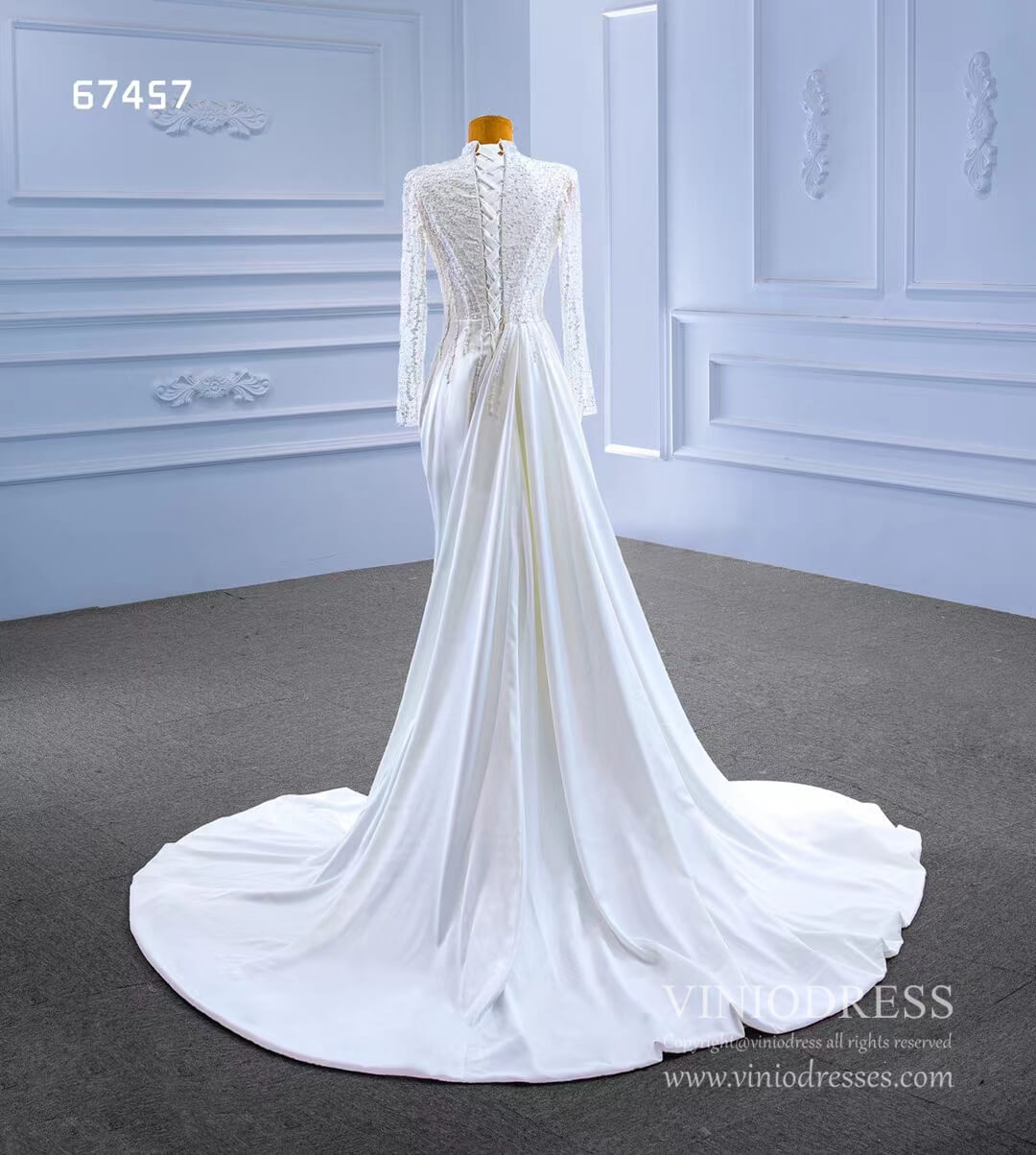 High Neck Pearl Satin Wedding Dresses Long Sleeve 67457-wedding dresses 2025 -Viniodress-Ivory-Custom Size-