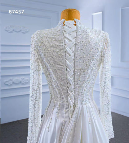 High Neck Pearl Satin Wedding Dresses Long Sleeve 67457-wedding dresses 2025 -Viniodress-Ivory-Custom Size-