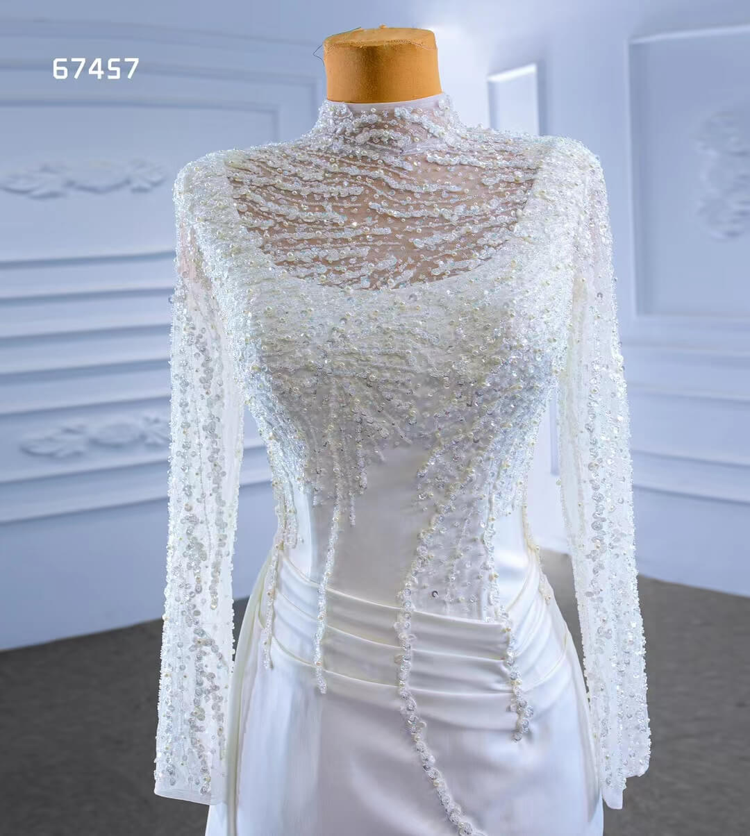 High Neck Pearl Satin Wedding Dresses Long Sleeve 67457-wedding dresses 2025 -Viniodress-Ivory-Custom Size-