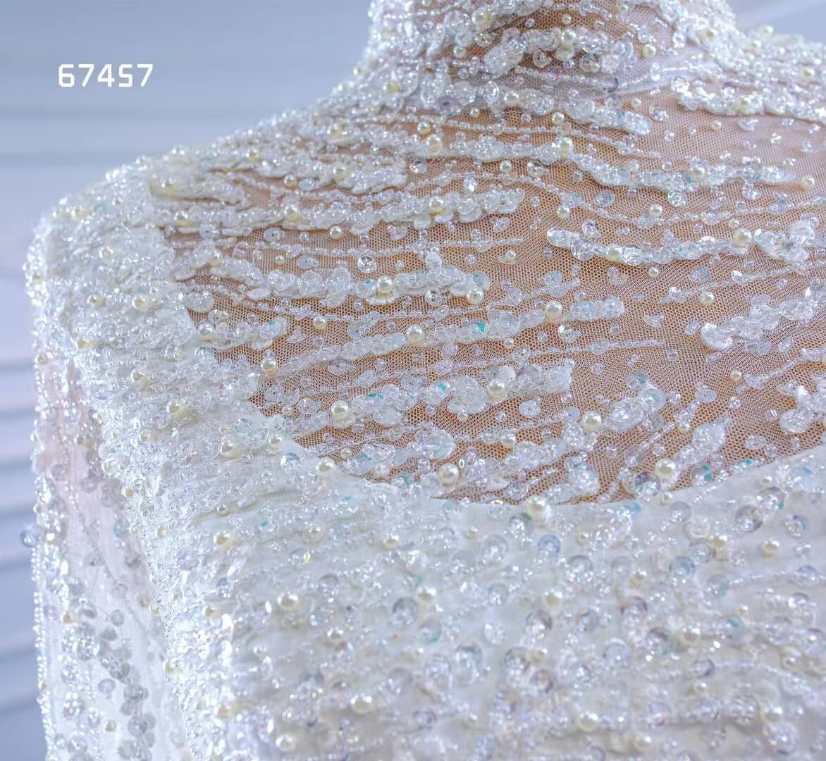 High Neck Pearl Satin Wedding Dresses Long Sleeve 67457-wedding dresses 2025 -Viniodress-Ivory-Custom Size-