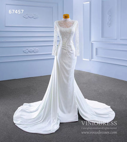 High Neck Pearl Satin Wedding Dresses Long Sleeve 67457-wedding dresses 2025 -Viniodress-Ivory-Custom Size-