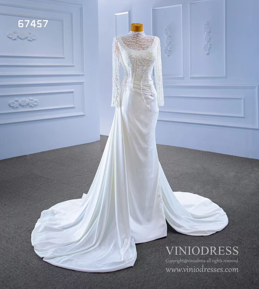 High Neck Pearl Satin Wedding Dresses Long Sleeve 67457-wedding dresses-Viniodress-Viniodress