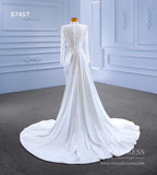 High Neck Pearl Satin Wedding Dresses Long Sleeve 67457-wedding dresses-Viniodress-Viniodress