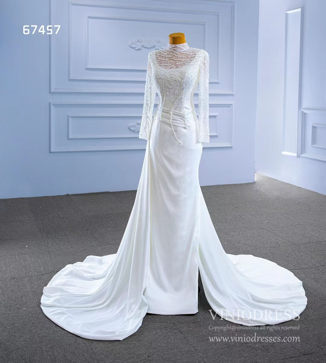 High Neck Pearl Satin Wedding Dresses Long Sleeve 67457-wedding dresses-Viniodress-Viniodress