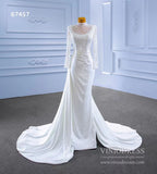 High Neck Pearl Satin Wedding Dresses Long Sleeve 67457