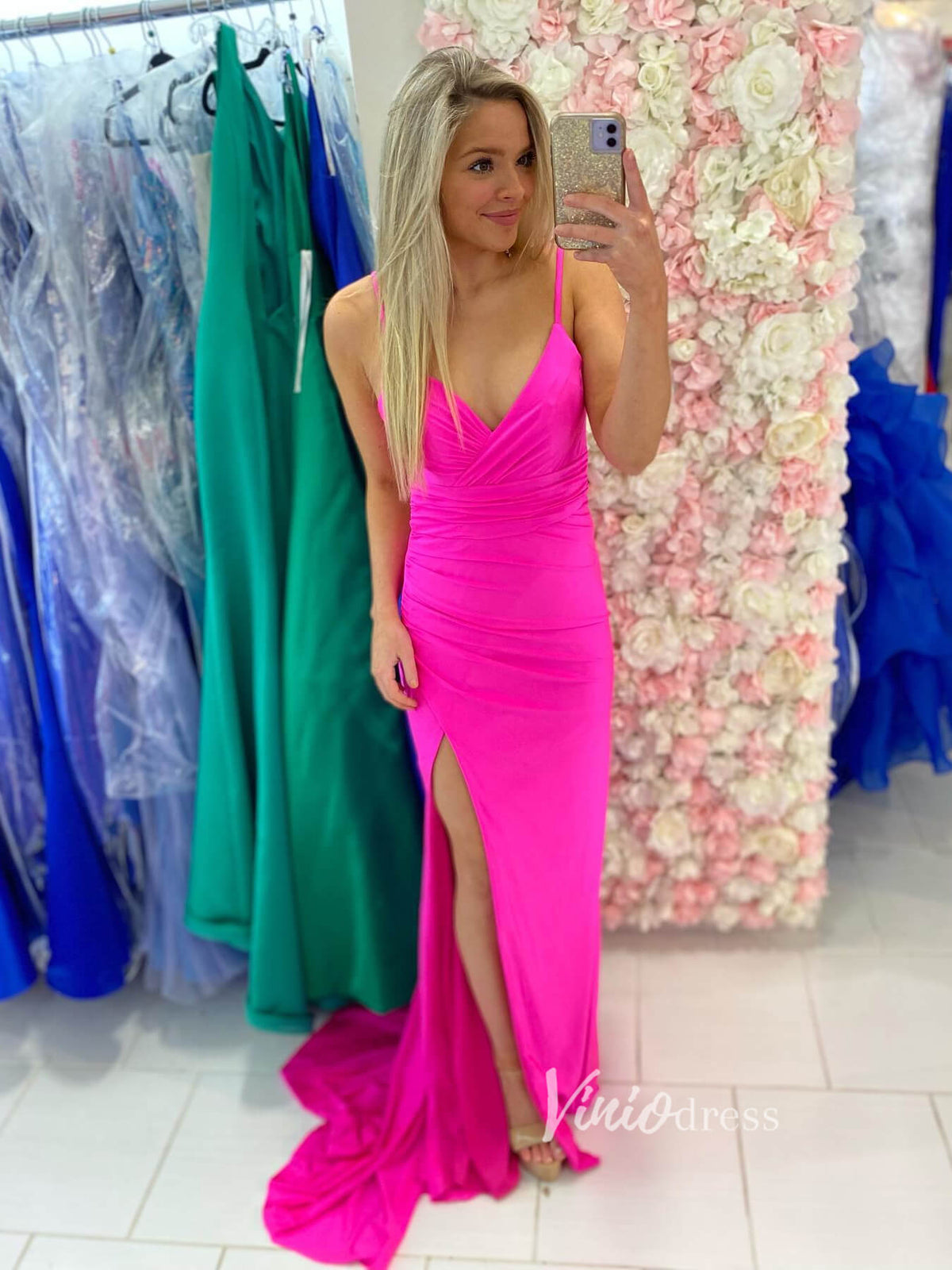 Hot Pink Backless Mermaid Prom Dress Spaghetti Strap FD2748-prom dresses-Viniodress-Hot Pink-Custom Size-Viniodress