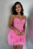 Hot Pink Feather Homecoming Dresses Bodycon Mini Strapless Cocktail Dress SD1528-homecoming dresses-Viniodress-Viniodress