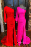 Hot Pink Satin Prom Dresses with Slit One Shoulder Mermaid Evening Dress FD3387