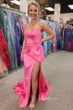 Hot Pink Satin Prom Dresses with Slit, Strapless Mermaid Dress with Bow FD3267-prom dresses-Viniodress-Viniodress