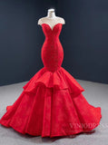 Illusion Shoulder Red Mermaid Wedding Dresses Beaded Prom Dress 67149 viniodress