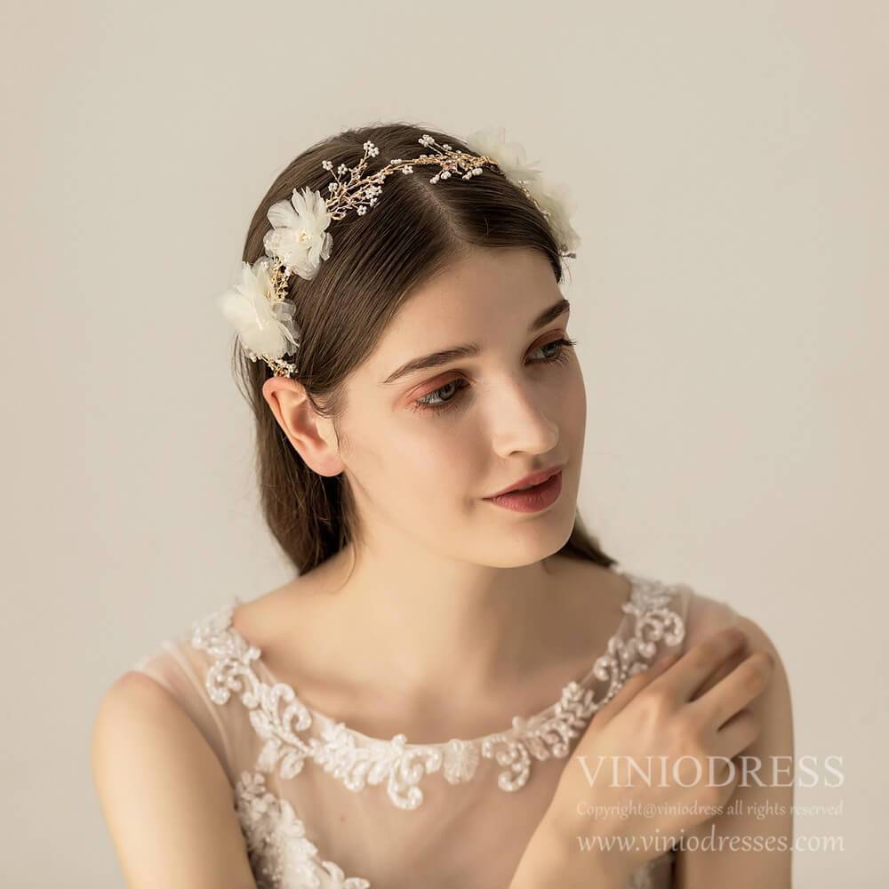 Ivory 3D Floral Wedding Headband AC1222-Headpieces 2025 -Viniodress-Gold-