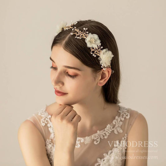 Ivory 3D Floral Wedding Headband AC1222-Headpieces 2025 -Viniodress-Gold-