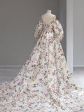 Ivory Floral Satin Prom Dresses Off the Shoulder Long Sleeve Evening Dress FD3224-prom dresses-Viniodress-Viniodress