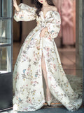 Ivory Floral Satin Prom Dresses Off the Shoulder Long Sleeve Evening Dress FD3224-prom dresses-Viniodress-Viniodress