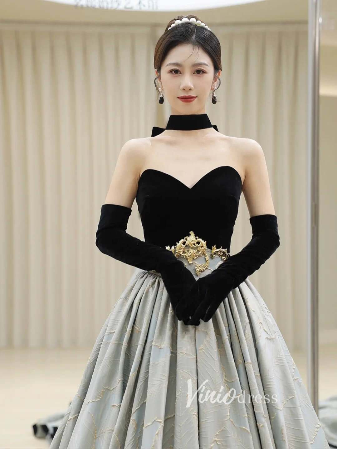 Jacquard Satin Prom Dresses Strapless Velvet Formal Gown FD2784B-prom dresses-Viniodress-Viniodress