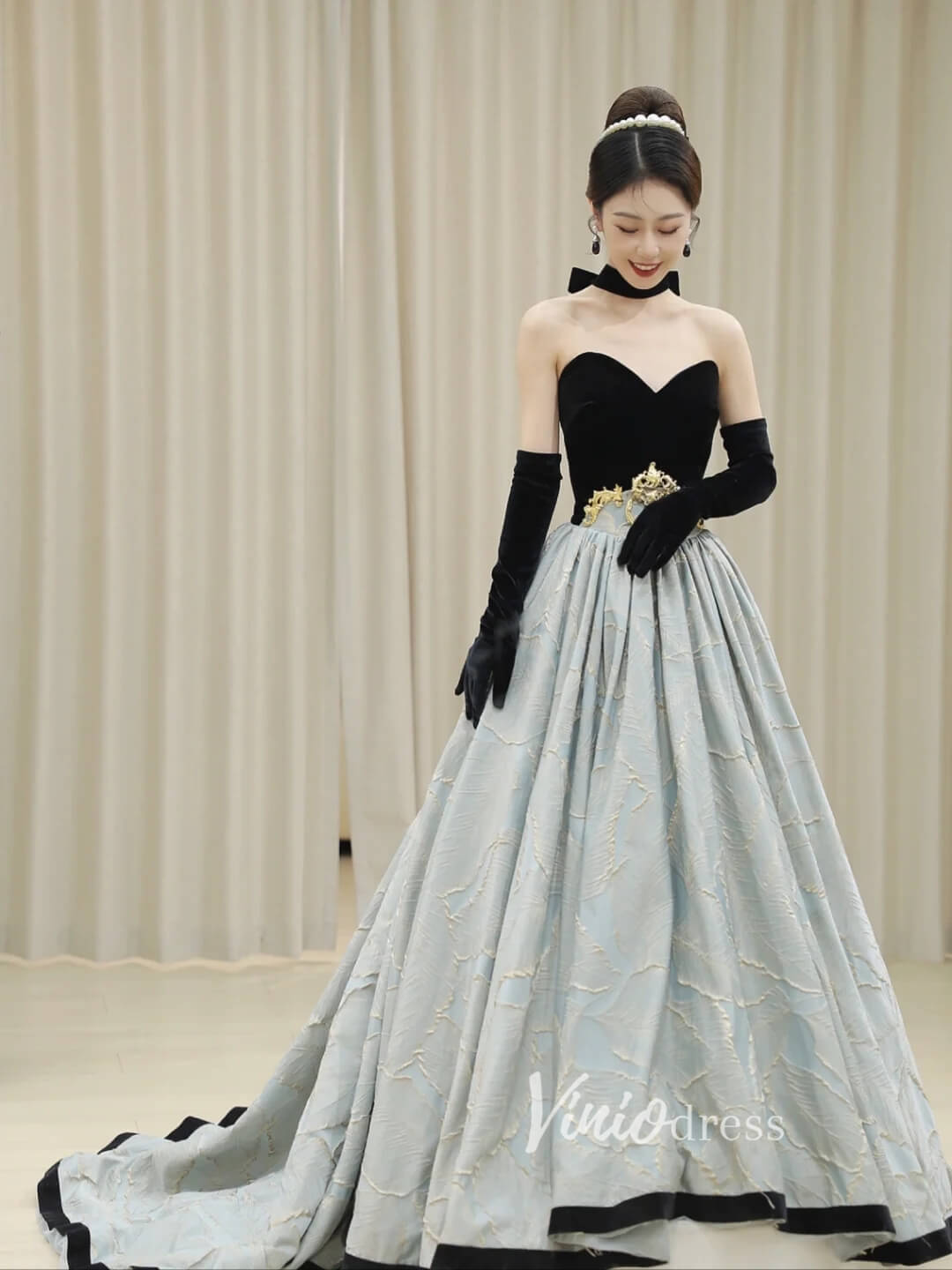 Jacquard Satin Prom Dresses Strapless Velvet Formal Gown FD2784B-prom dresses-Viniodress-Black-Custom Size-Viniodress