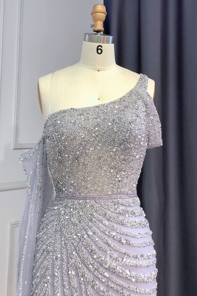 Khaki Beaded Mermaid Pageant Dresses One Shoulder Prom Dress FD3025-prom dresses-Viniodress-Viniodress