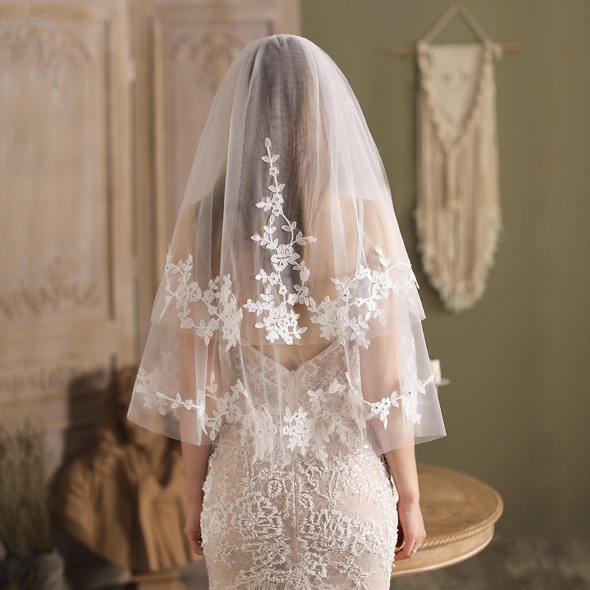 Lace Appliqued Blusher Veil Waist Length-Accessories 2025 -Viniodress-Ivory-