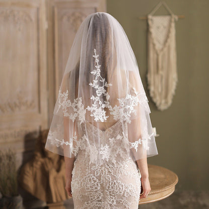 Lace Appliqued Blusher Veil Waist Length-Accessories 2025 -Viniodress-Ivory-