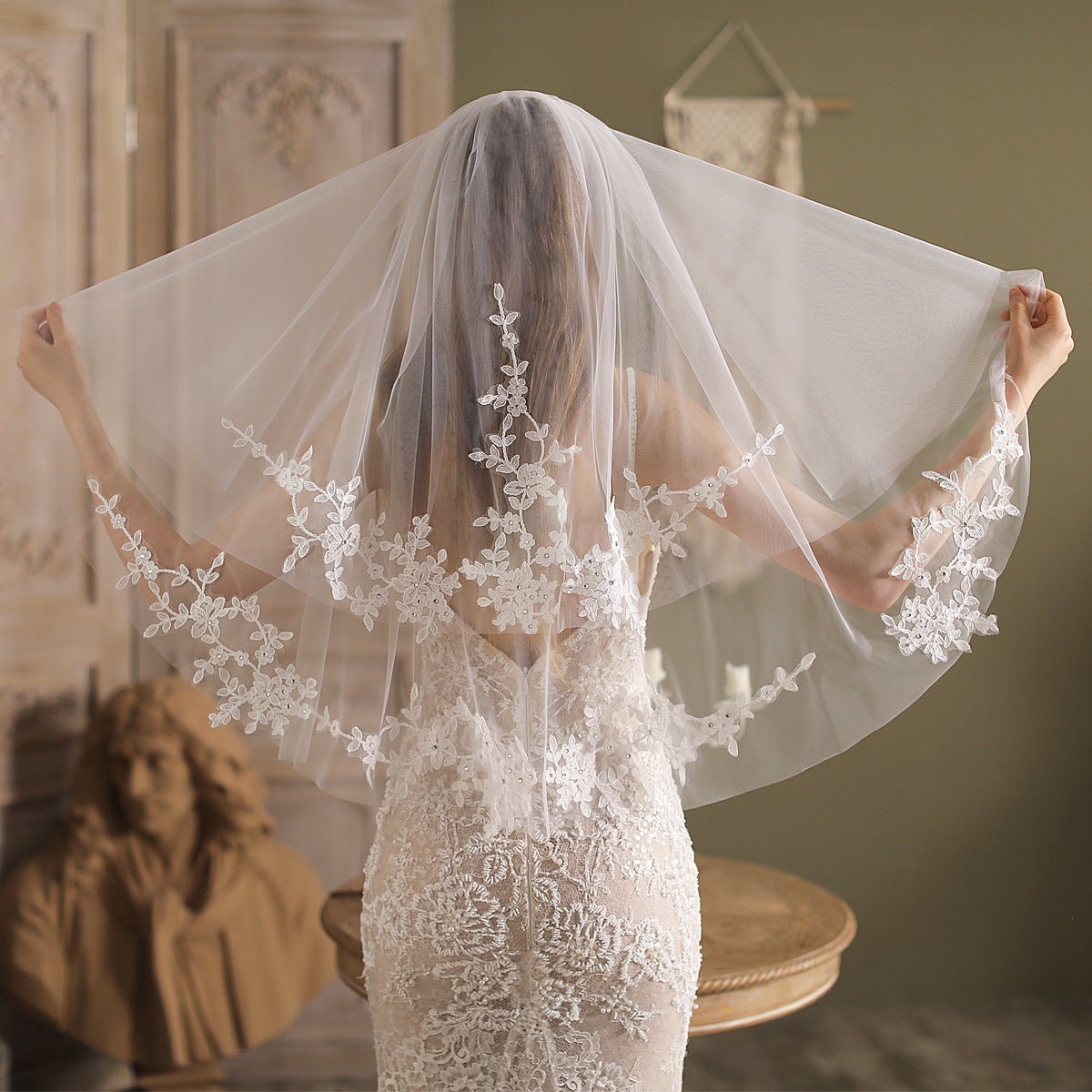 Lace Appliqued Blusher Veil Waist Length-Accessories 2025 -Viniodress-Ivory-