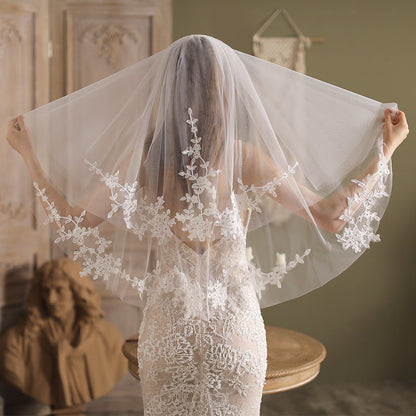 Lace Appliqued Blusher Veil Waist Length-Accessories 2025 -Viniodress-Ivory-