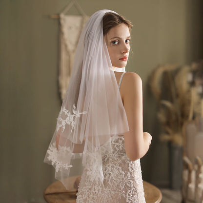 Lace Appliqued Blusher Veil Waist Length-Accessories 2025 -Viniodress-Ivory-