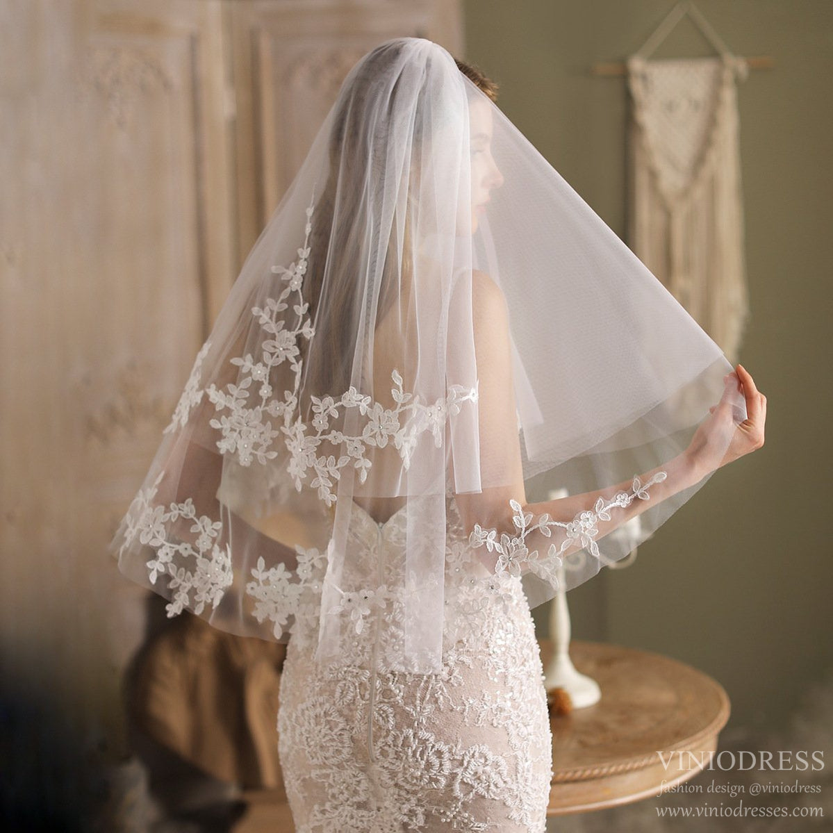 Lace Appliqued Blusher Veil Waist Length-Accessories-Viniodress-Ivory-Viniodress