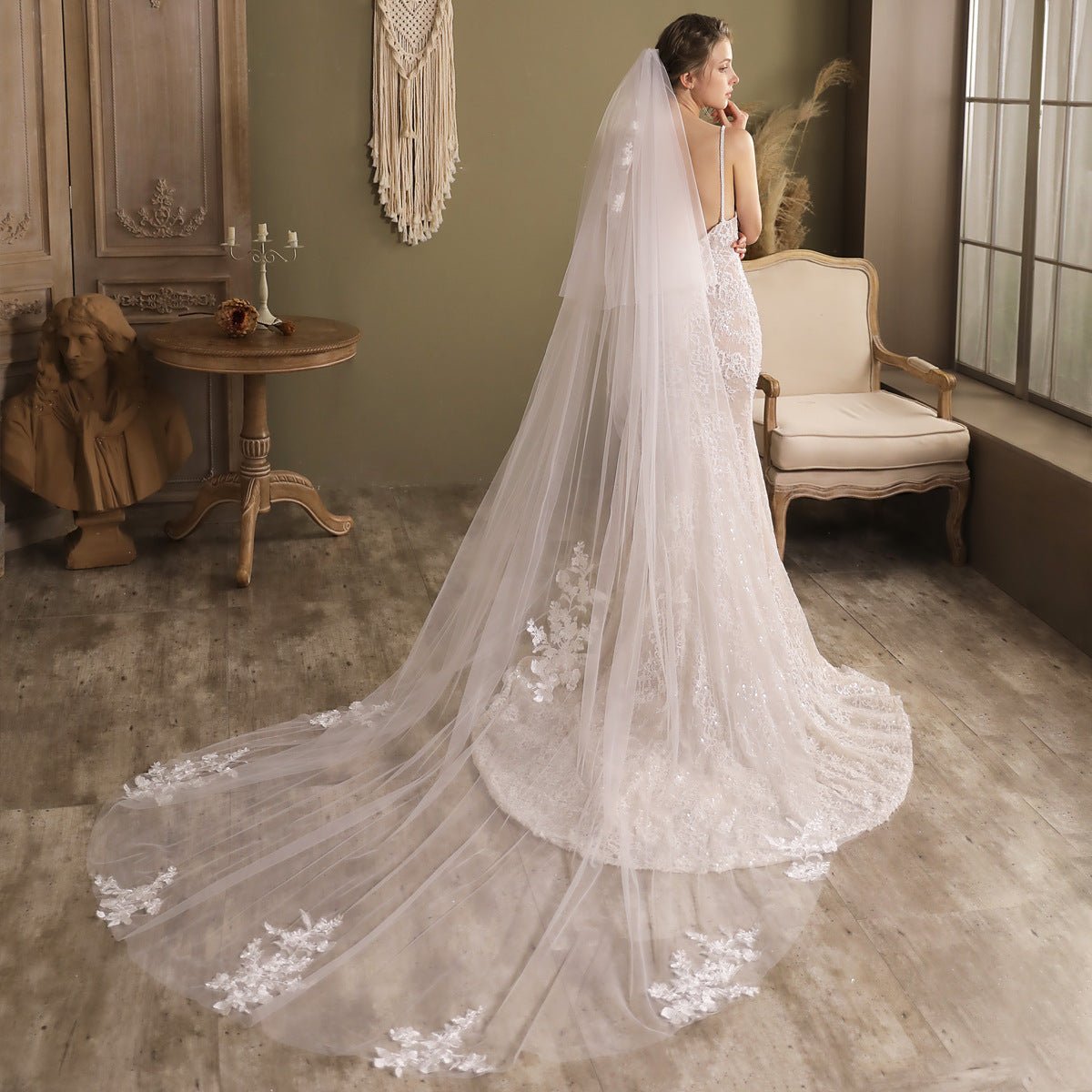 Lace Appliqued Cathedral Veil with Blusher-Accessories 2025 -Viniodress-Ivory-