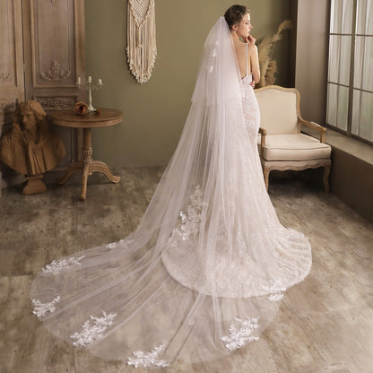 Lace Appliqued Cathedral Veil with Blusher-Accessories 2025 -Viniodress-Ivory-