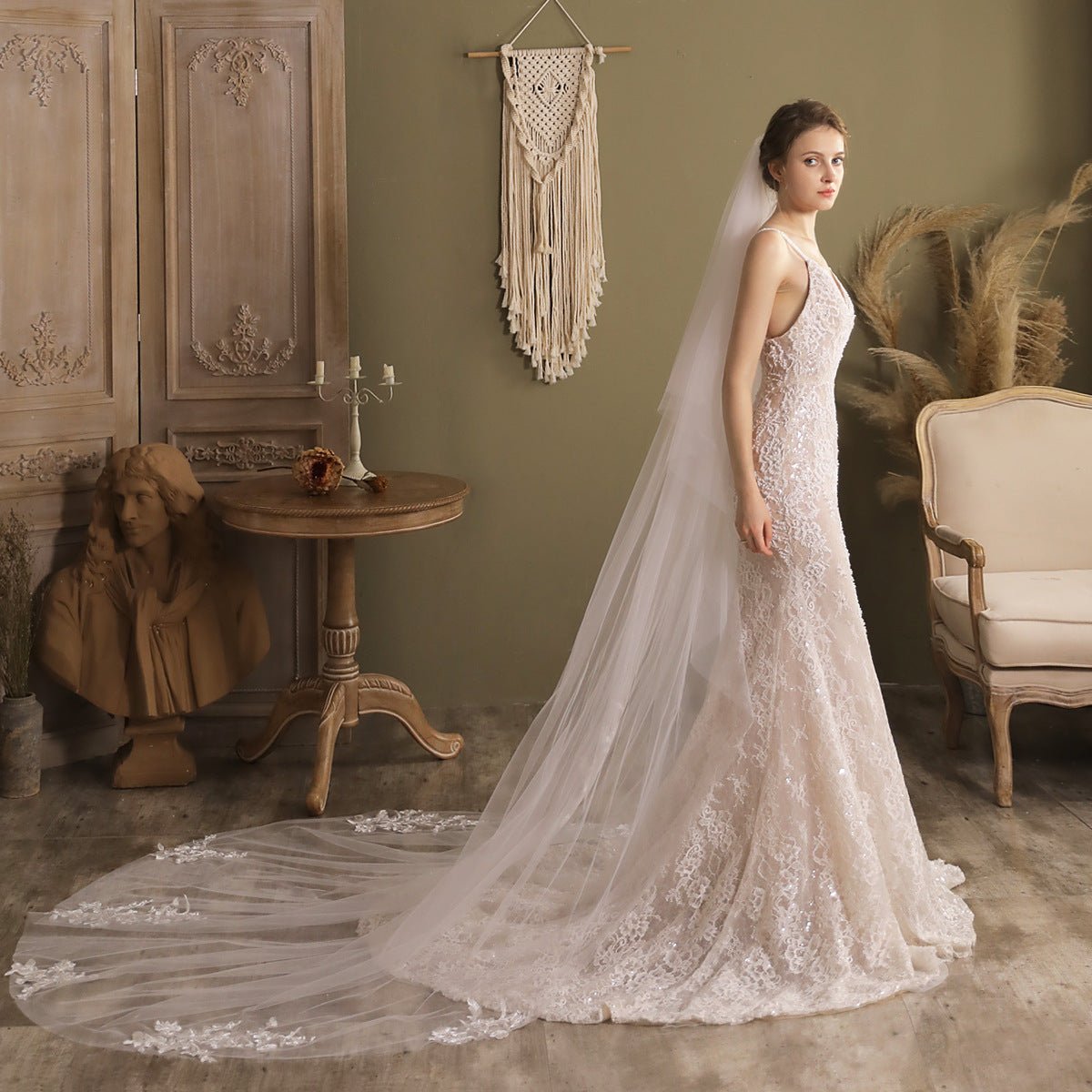 Lace Appliqued Cathedral Veil with Blusher-Accessories 2025 -Viniodress-Ivory-