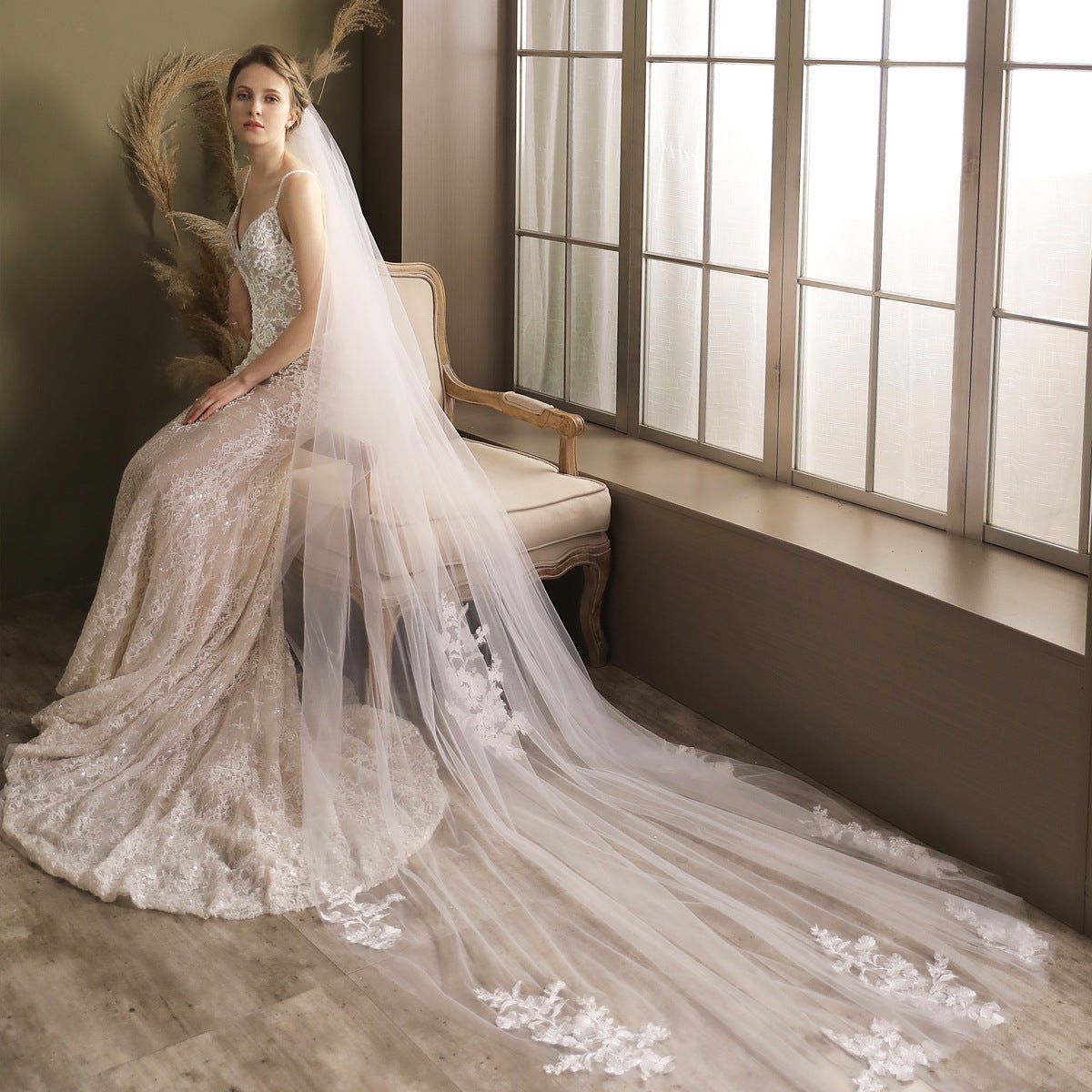 Lace Appliqued Cathedral Veil with Blusher-Accessories 2025 -Viniodress-Ivory-