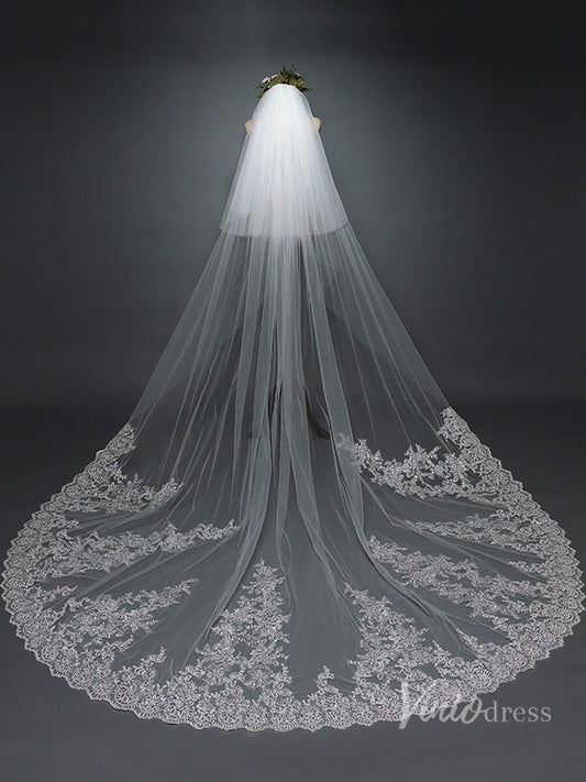 Lace Appliqued Cathedral Veil with Blusher Viniodress TS17101-Bridal Veil 2025 -Viniodress-Ivory-
